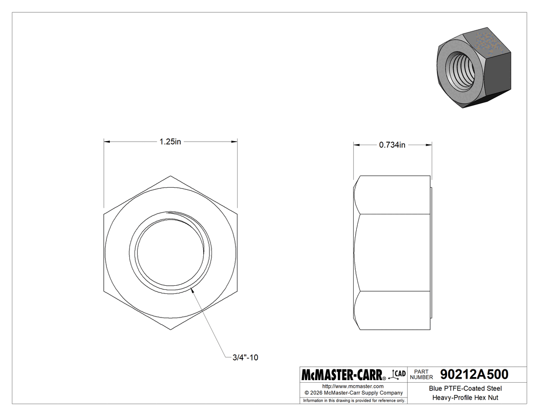 Technical Drawing of Blue PTFE-Coated Steel Heavy-Profile Hex Nut, 3/4"-10 Thread Size.